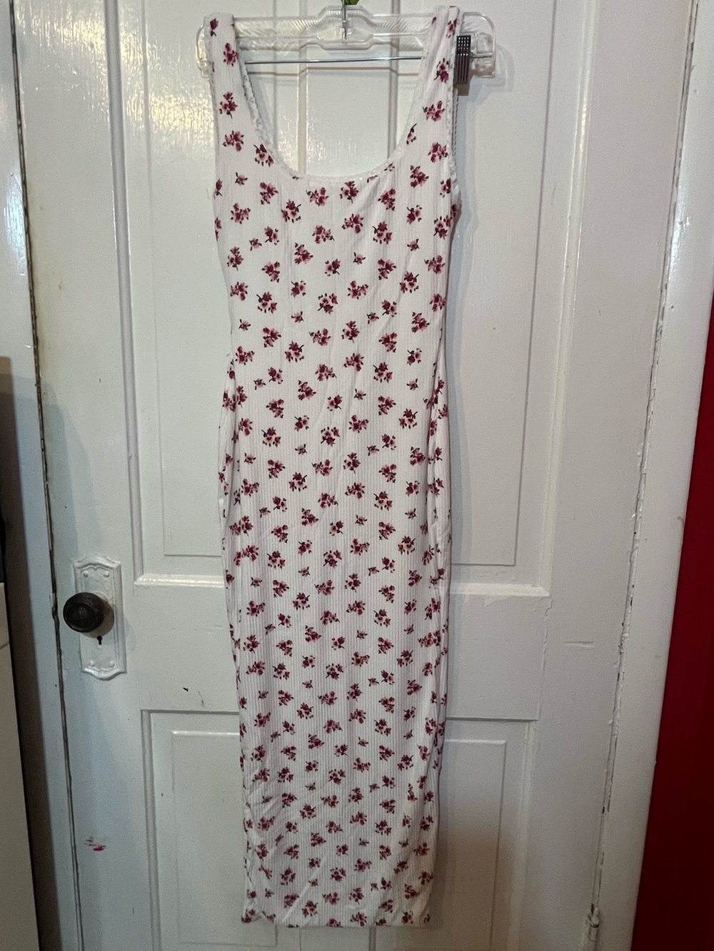 Sleeveless White Maxi Dress with Red Floral Print